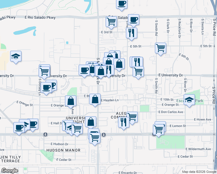 map of restaurants, bars, coffee shops, grocery stores, and more near 916 South Casitas Drive in Tempe