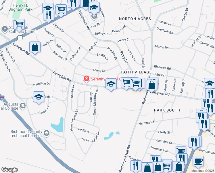 map of restaurants, bars, coffee shops, grocery stores, and more near 2372 Lumpkin Road in Augusta