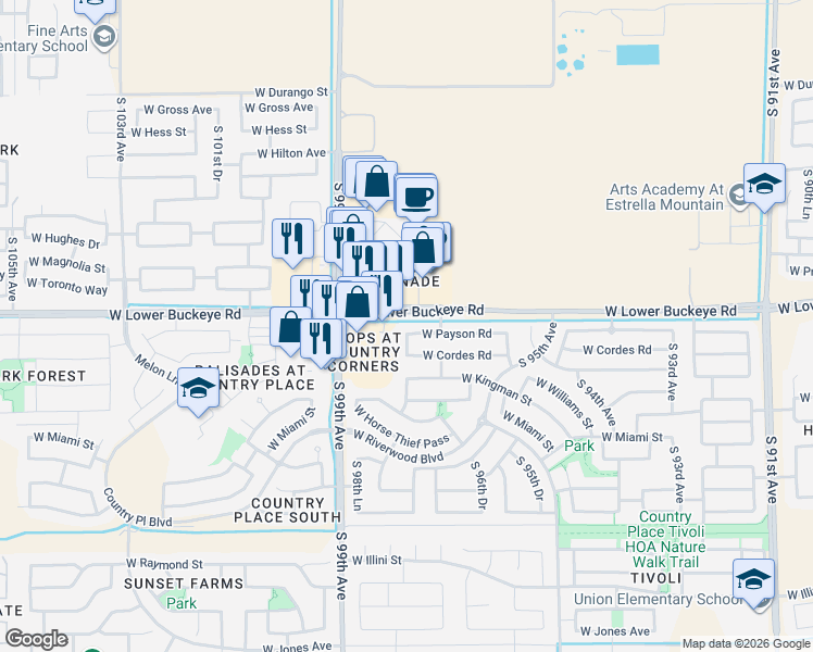 map of restaurants, bars, coffee shops, grocery stores, and more near 2920 South 97th Lane in Tolleson