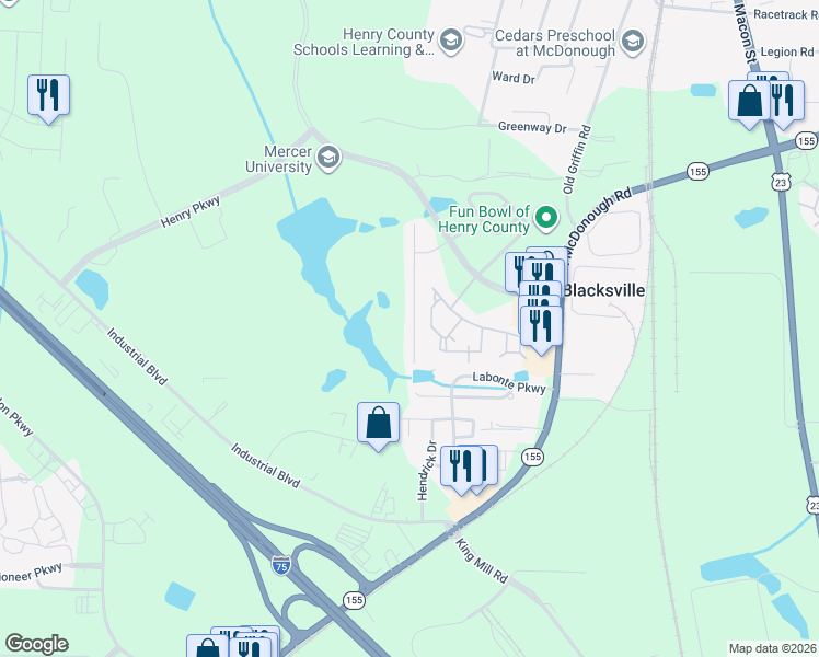 map of restaurants, bars, coffee shops, grocery stores, and more near 256 Long Drive in McDonough