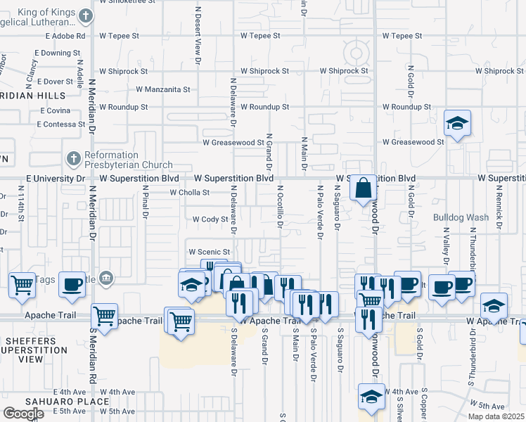 map of restaurants, bars, coffee shops, grocery stores, and more near 550 North Ocotillo Drive in Apache Junction