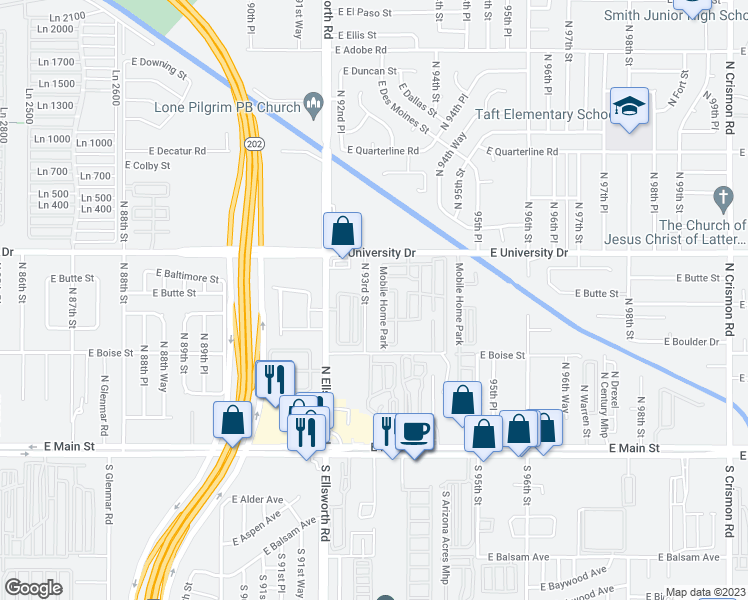 map of restaurants, bars, coffee shops, grocery stores, and more near 305 North 93rd Street in Mesa