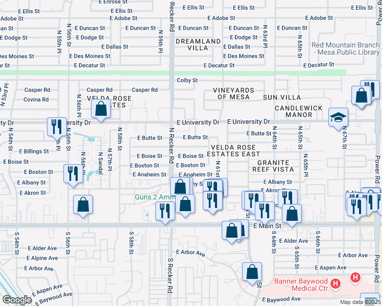 map of restaurants, bars, coffee shops, grocery stores, and more near 6044 East Boston Street in Mesa