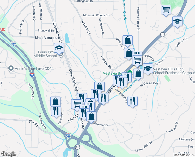 map of restaurants, bars, coffee shops, grocery stores, and more near 2648 Southbury Circle in Vestavia Hills