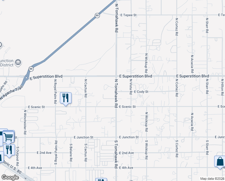 map of restaurants, bars, coffee shops, grocery stores, and more near 540 North Tomahawk Road in Apache Junction