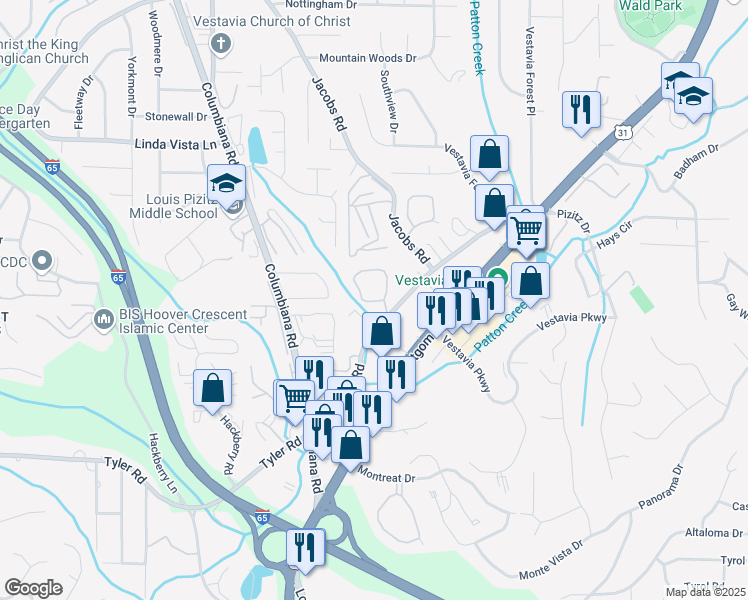 map of restaurants, bars, coffee shops, grocery stores, and more near 2636 Southbury Circle in Vestavia Hills