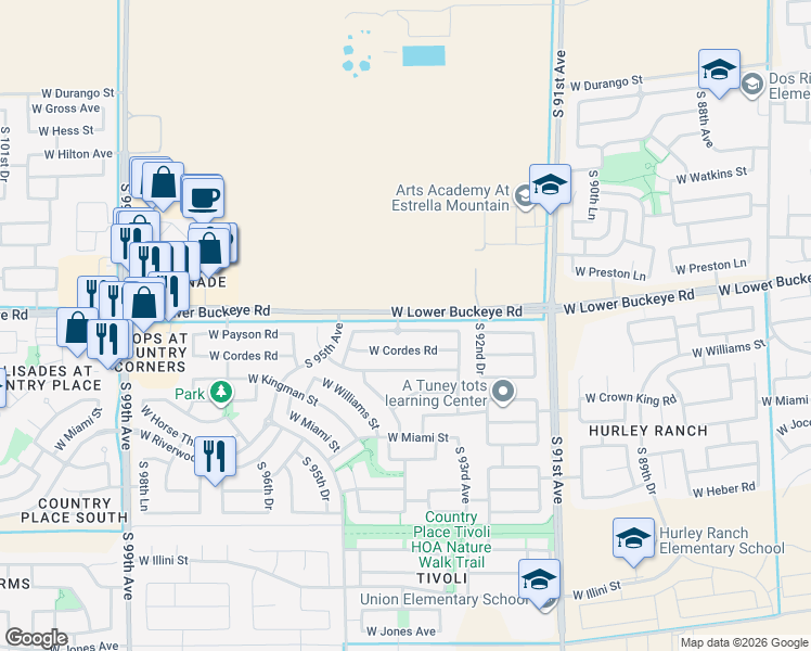 map of restaurants, bars, coffee shops, grocery stores, and more near 9356 West Cordes Road in Tolleson