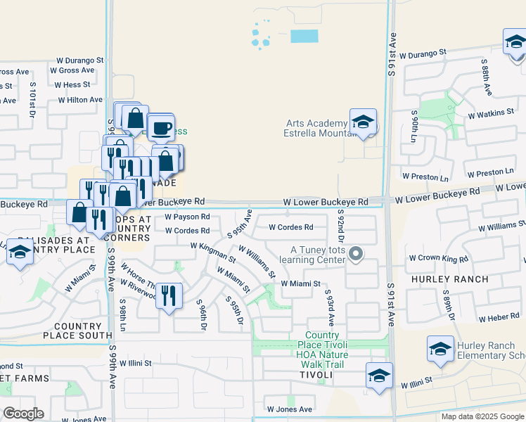 map of restaurants, bars, coffee shops, grocery stores, and more near 9396 West Cordes Road in Tolleson