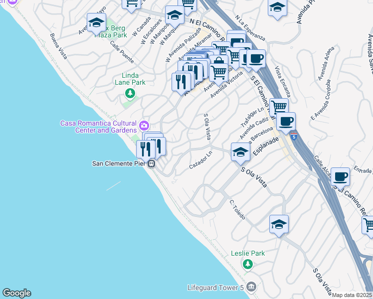 map of restaurants, bars, coffee shops, grocery stores, and more near 408 Avenida Victoria in San Clemente