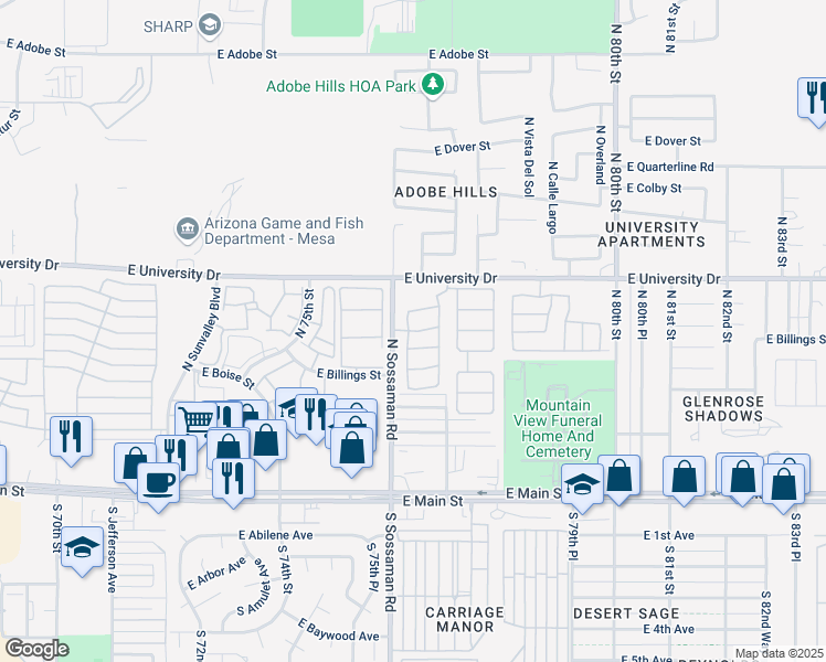 map of restaurants, bars, coffee shops, grocery stores, and more near 7651 East Boise Street in Mesa