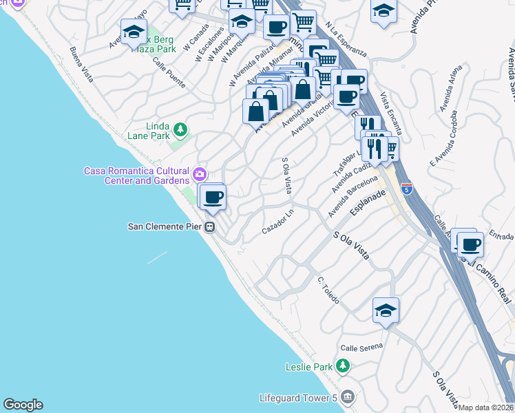 map of restaurants, bars, coffee shops, grocery stores, and more near 408 Avenida Victoria in San Clemente