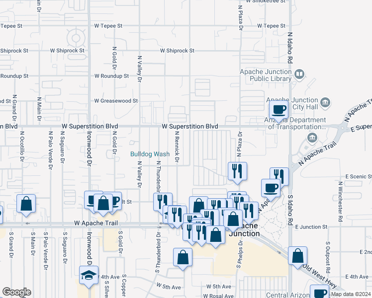 map of restaurants, bars, coffee shops, grocery stores, and more near 532 North San Marcos Drive in Apache Junction