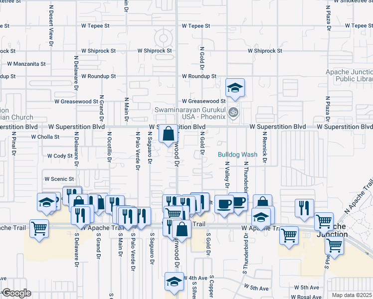 map of restaurants, bars, coffee shops, grocery stores, and more near 517 North Ironwood Drive in Apache Junction