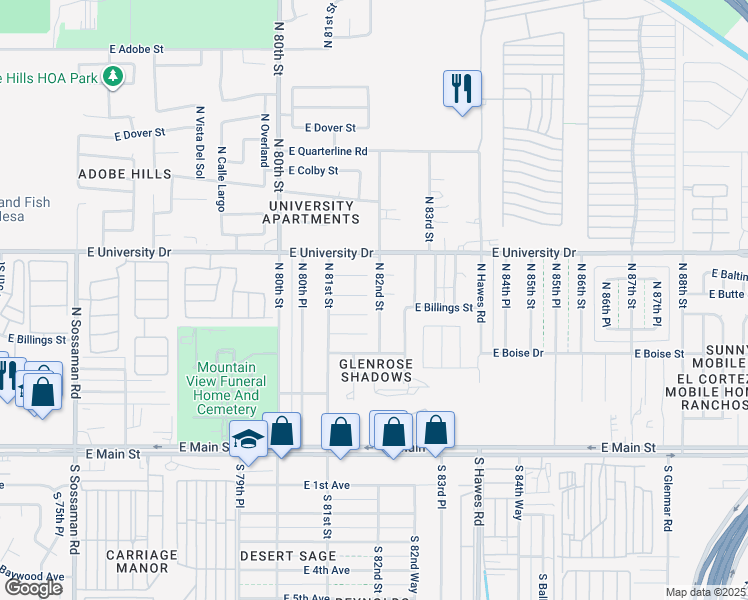 map of restaurants, bars, coffee shops, grocery stores, and more near 239 North 82nd Street in Mesa