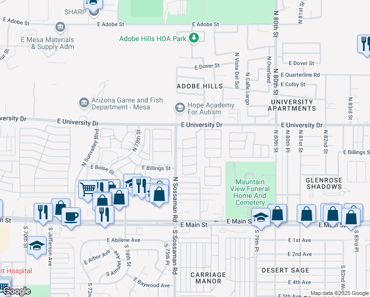 map of restaurants, bars, coffee shops, grocery stores, and more near 7651 East Boise Street in Mesa