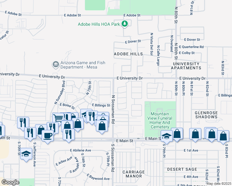 map of restaurants, bars, coffee shops, grocery stores, and more near 238 North Seymour in Mesa