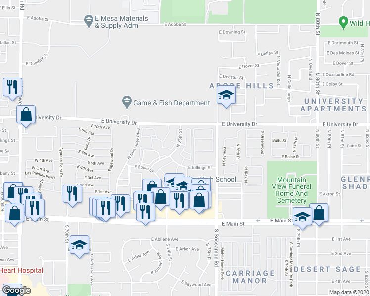 map of restaurants, bars, coffee shops, grocery stores, and more near 205 North 74th Street in Mesa