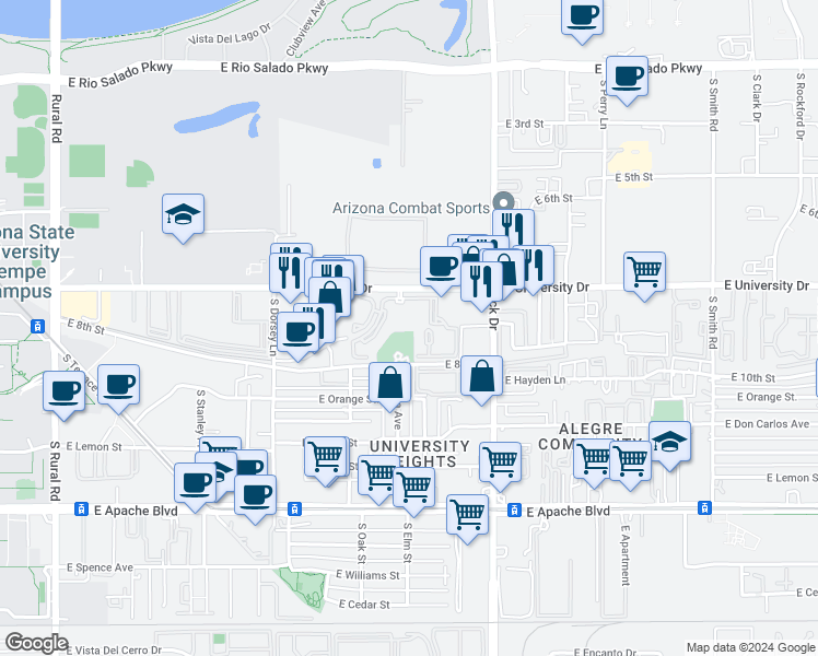 map of restaurants, bars, coffee shops, grocery stores, and more near 1655 East University Drive in Tempe