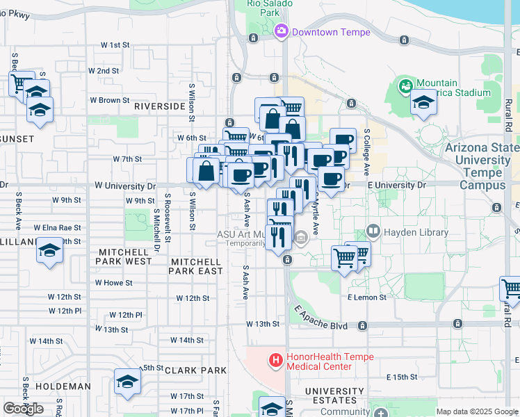 map of restaurants, bars, coffee shops, grocery stores, and more near 905 South Ash Avenue in Tempe