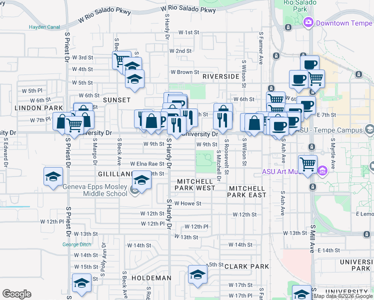 map of restaurants, bars, coffee shops, grocery stores, and more near 824 West Laird Street in Tempe