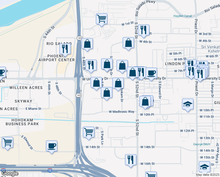map of restaurants, bars, coffee shops, grocery stores, and more near 2343 W University Dr in Tempe