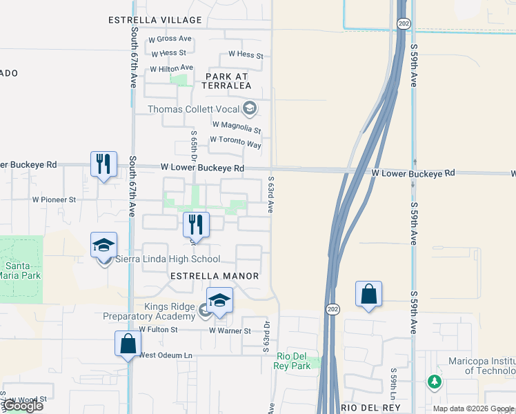 map of restaurants, bars, coffee shops, grocery stores, and more near 6305 West Florence Avenue in Phoenix