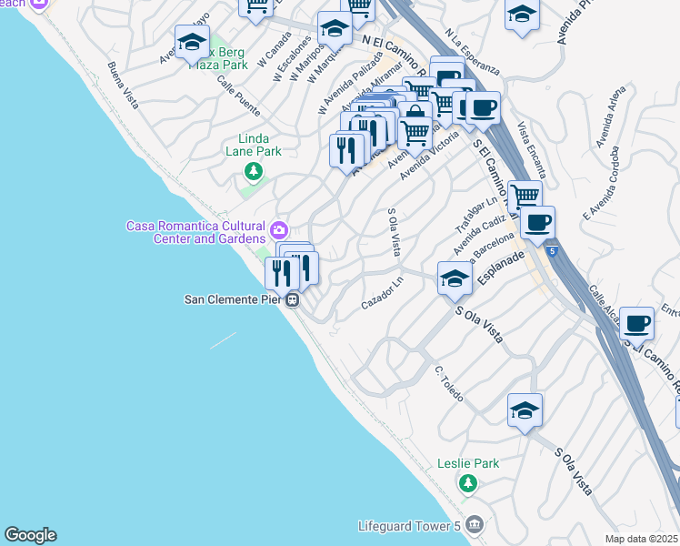 map of restaurants, bars, coffee shops, grocery stores, and more near 504 Monterey Lane in San Clemente
