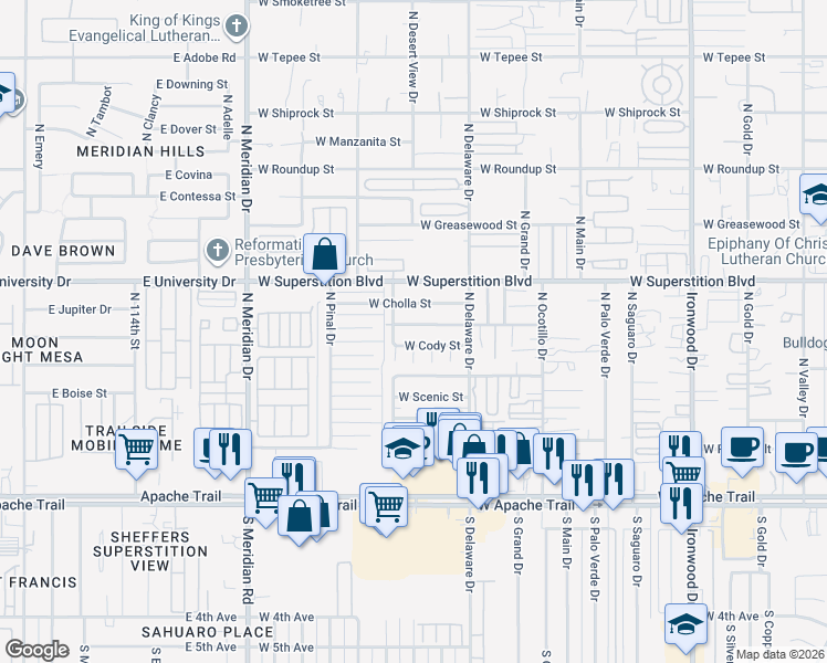 map of restaurants, bars, coffee shops, grocery stores, and more near 2617 West Cody Street in Apache Junction
