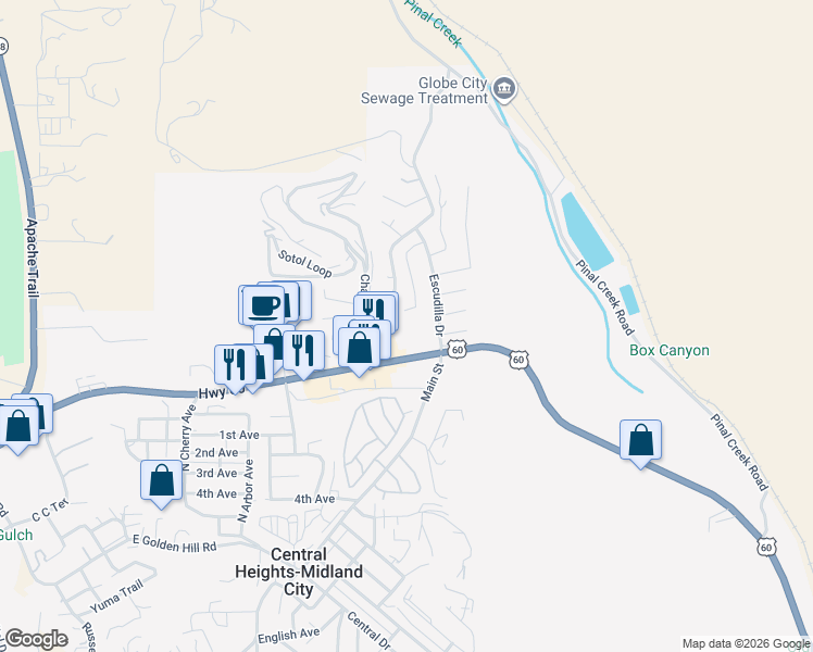 map of restaurants, bars, coffee shops, grocery stores, and more near 2186 North Escudilla Drive in Globe