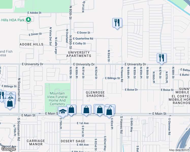 map of restaurants, bars, coffee shops, grocery stores, and more near 239 North 82nd Street in Mesa