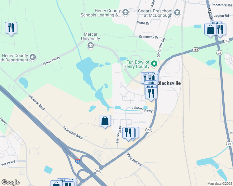 map of restaurants, bars, coffee shops, grocery stores, and more near 253 Long Drive in McDonough