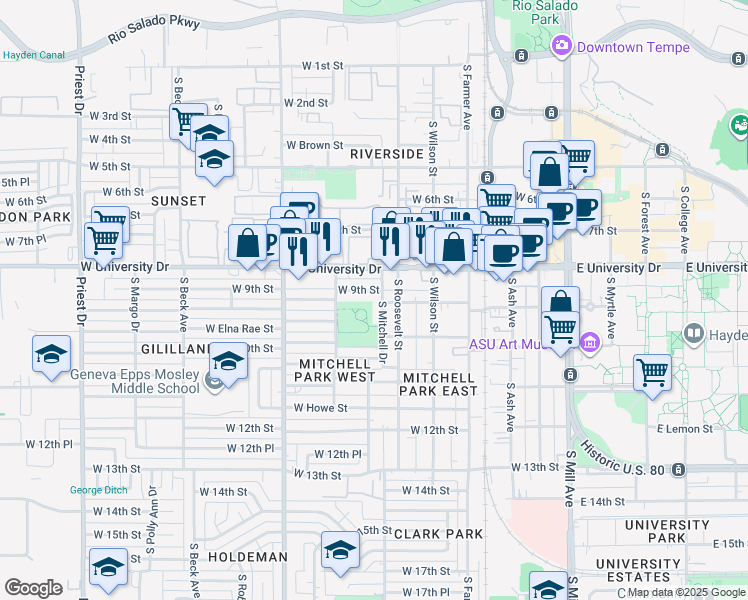 map of restaurants, bars, coffee shops, grocery stores, and more near 900 South Mitchell Drive in Tempe