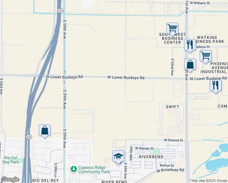 map of restaurants, bars, coffee shops, grocery stores, and more near 5555 West Lower Buckeye Road in Phoenix