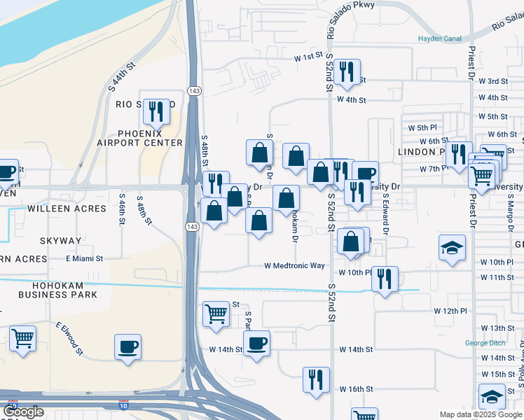 map of restaurants, bars, coffee shops, grocery stores, and more near 2343 West University Drive in Tempe