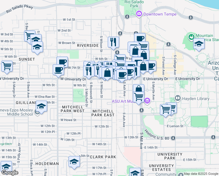 map of restaurants, bars, coffee shops, grocery stores, and more near 403 West University Drive in Tempe