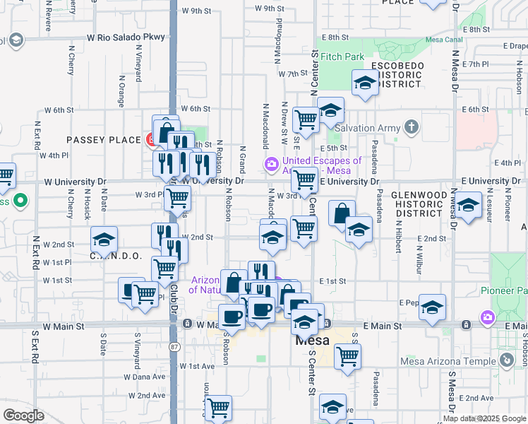 map of restaurants, bars, coffee shops, grocery stores, and more near 248 North Macdonald in Mesa