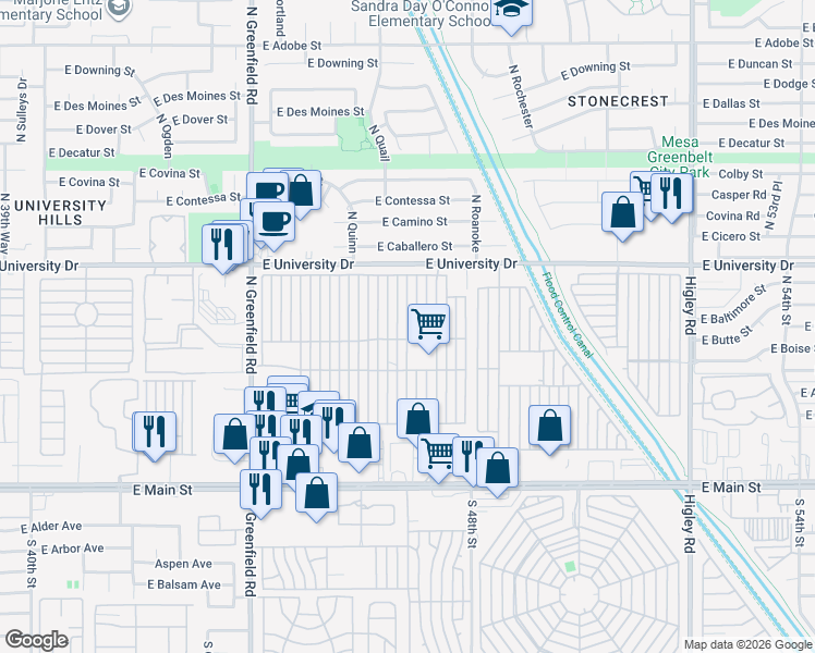 map of restaurants, bars, coffee shops, grocery stores, and more near 8th Street in Mesa