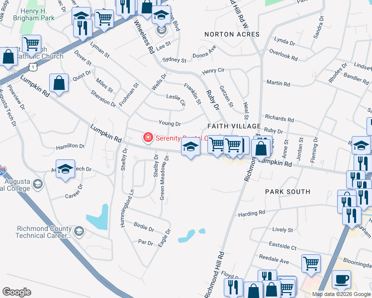 map of restaurants, bars, coffee shops, grocery stores, and more near 2358 Norton Drive in Augusta