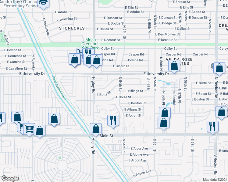 map of restaurants, bars, coffee shops, grocery stores, and more near 6418 North Butte Street in Mesa