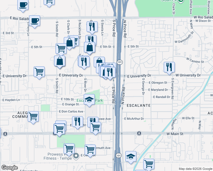 map of restaurants, bars, coffee shops, grocery stores, and more near 2155 East University Drive in Tempe