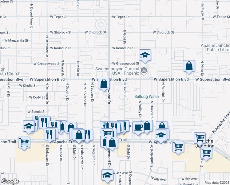 map of restaurants, bars, coffee shops, grocery stores, and more near 1527 West Superstition Boulevard in Apache Junction