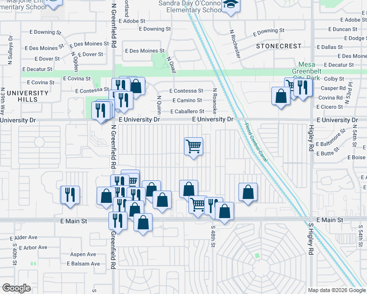 map of restaurants, bars, coffee shops, grocery stores, and more near 8th Street in Mesa