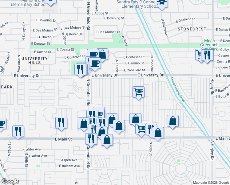 map of restaurants, bars, coffee shops, grocery stores, and more near North Mesa Regal Recreation Veh Park in Mesa