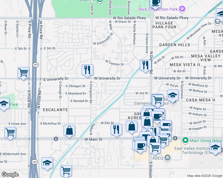 map of restaurants, bars, coffee shops, grocery stores, and more near 2227 The Oaks Mobile Home Park in Tempe