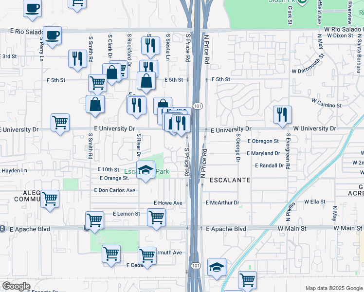 map of restaurants, bars, coffee shops, grocery stores, and more near 2155 East University Drive in Tempe
