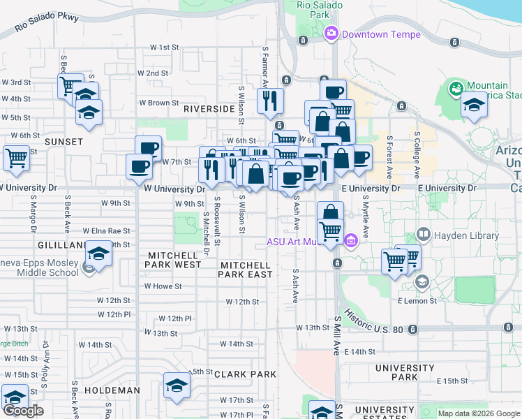 map of restaurants, bars, coffee shops, grocery stores, and more near 403 West University Drive in Tempe