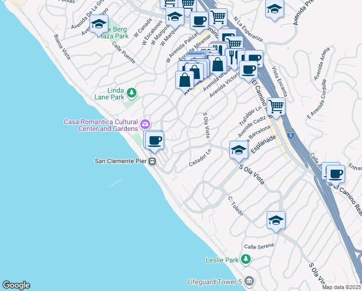 map of restaurants, bars, coffee shops, grocery stores, and more near 307 Avenida Victoria in San Clemente