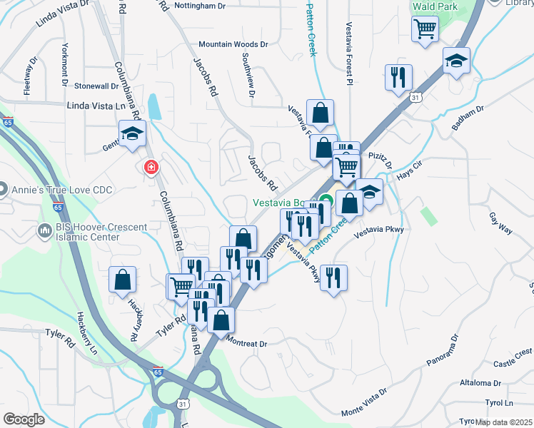map of restaurants, bars, coffee shops, grocery stores, and more near 2717 Southbury Circle in Vestavia Hills