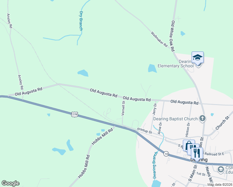 map of restaurants, bars, coffee shops, grocery stores, and more near 3171 Old Augusta Road in Dearing