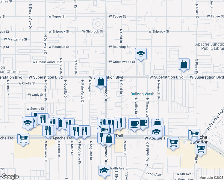 map of restaurants, bars, coffee shops, grocery stores, and more near 1527 West Superstition Boulevard in Apache Junction